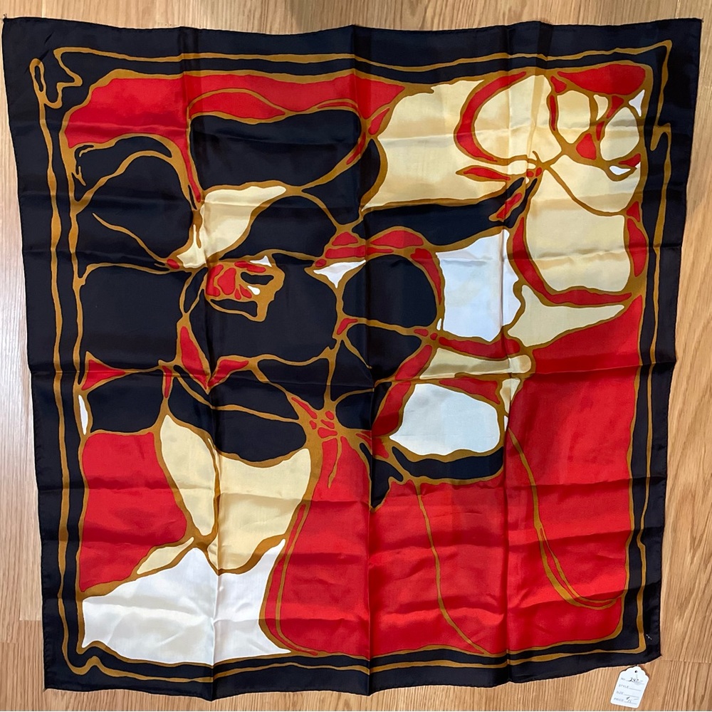 Vintage Black, red, gold Silk Scarf